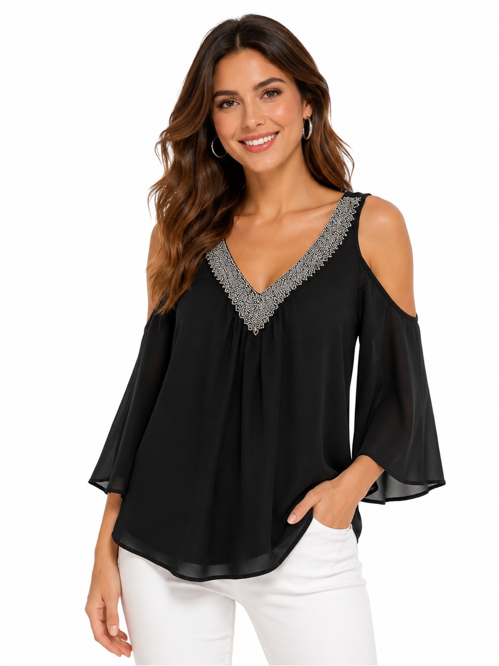 SOCIALITE Black Embellished V Neck Cold Shoulder Chiffon Top L Large $120 KL EUC